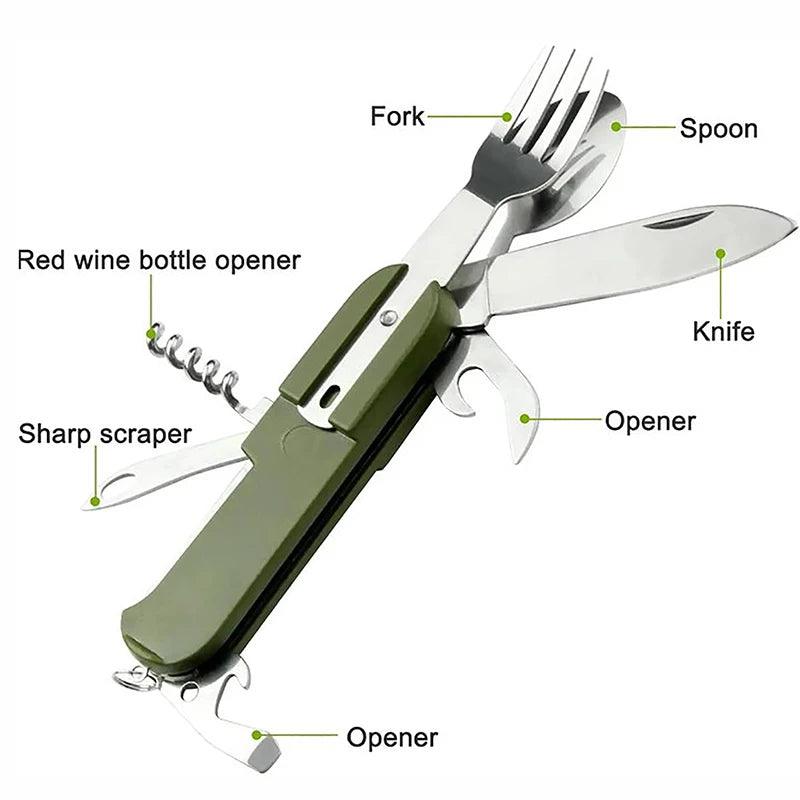 Outils de Survie Multifonctionnels 7-en-1 - Fourchette, Cuillère, Couteau Pliable en Acier Inoxydable