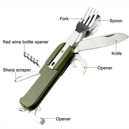 Outils de Survie Multifonctionnels 7-en-1 - Fourchette, Cuillère, Couteau Pliable en Acier Inoxydable