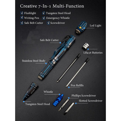 Stylo de Survie Multifonction 7-en-1 avec LED, Sifflet et Brise-Glace