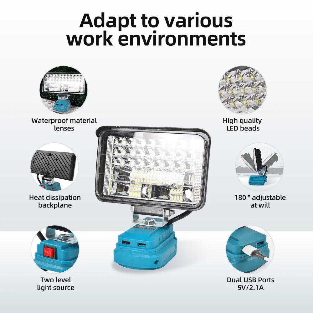 Projecteur de Travail LED Portable avec Port USB - Compatible Batterie Makita 18V