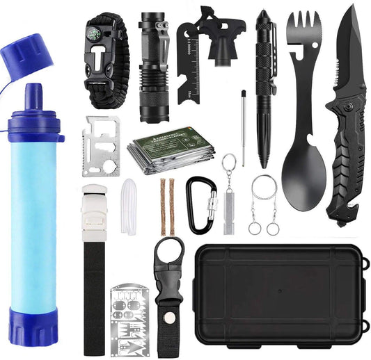 Kit de Survie d’Urgence Militaire 23-en-1 avec Filtre à Eau – Idéal pour Camping et Randonnée