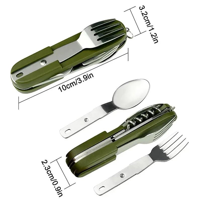 Outils de Survie Multifonctionnels 7-en-1 - Fourchette, Cuillère, Couteau Pliable en Acier Inoxydable