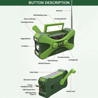 Radio d’Urgence Solaire Portable – AM/FM/WB, Manivelle et Lampe de Poche