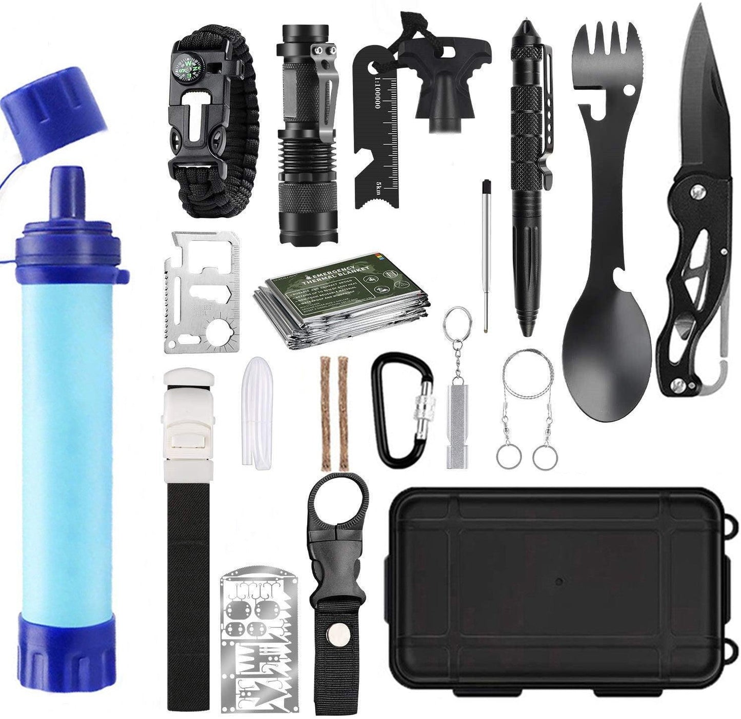 Kit de Survie d’Urgence Militaire 23-en-1 avec Filtre à Eau – Idéal pour Camping et Randonnée