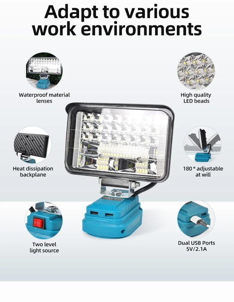 Projecteur de Travail LED Portable avec Port USB - Compatible Batterie Makita 18V