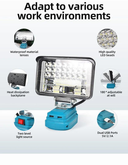 Projecteur de Travail LED Portable avec Port USB - Compatible Batterie Makita 18V